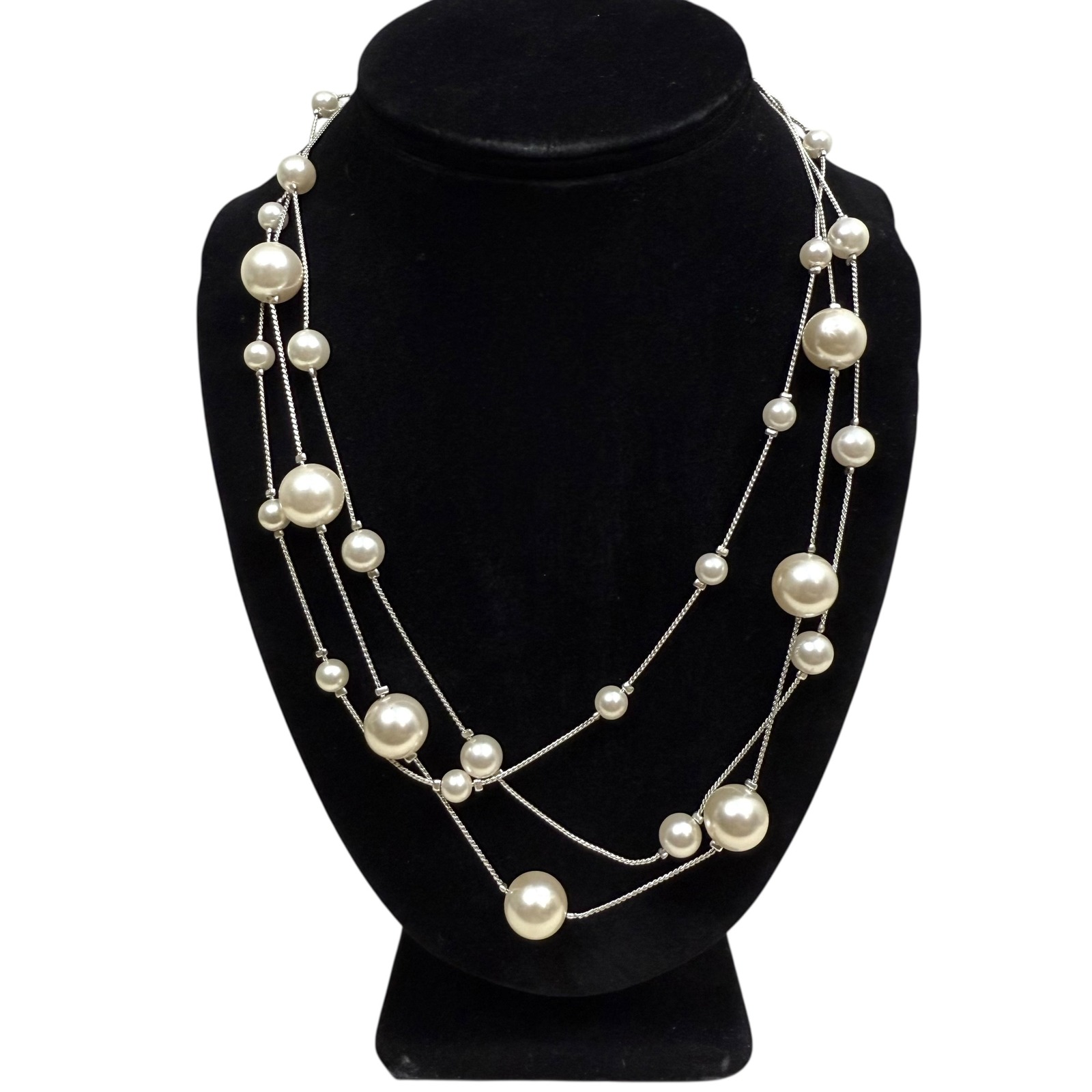 Vtg Rmn Tri Strand Faux Pearl Necklace Silver Tone Chain Statement Jewelry 10 In 19$